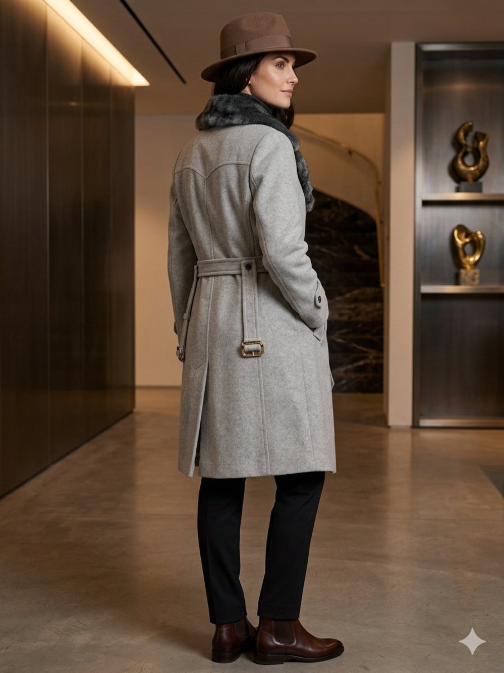 Masculine Vintage Double-Breasted Wool Coat with Faux Fur Collar — Gray